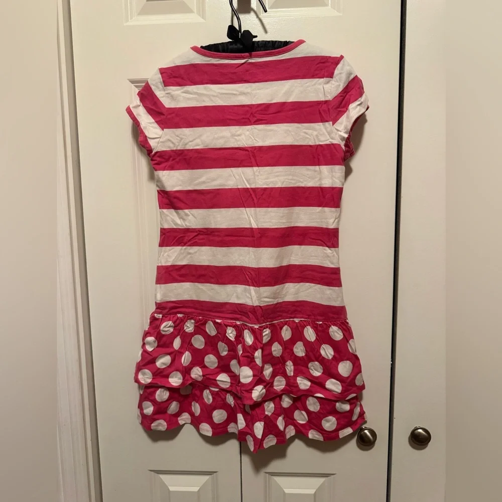 Faded Glory Girls L 10-12 Pink White Stripe Polka Dot Ruffle Hem Casual Dress